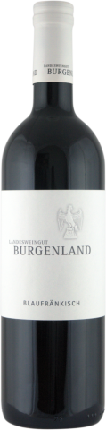 0,75 l Flasche mit der Sorte Blaufränkisch und Etikette vom Landesweingut Burgenland