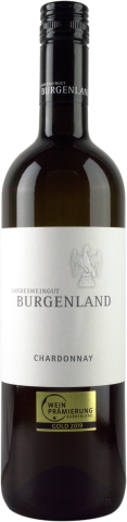 Beispielbild mit 0,75 l Flasche Chardonnay mit Etikett des Landesweinguts Eisenstadt und Goldmedaille einer Verkostung
